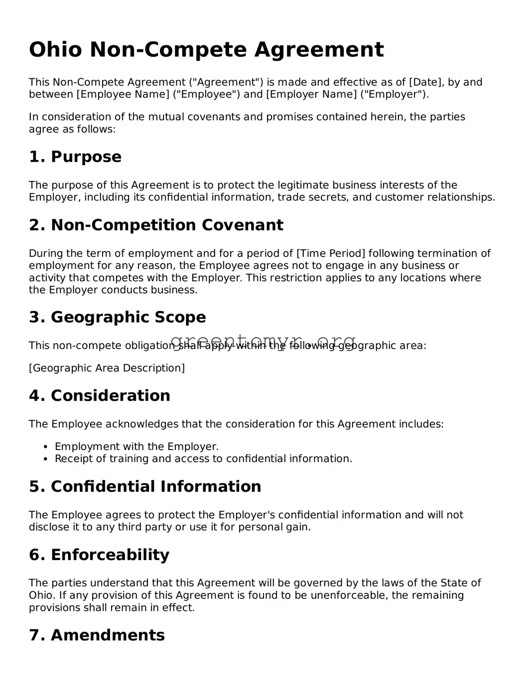 Non-compete Agreement Form for the State of Ohio