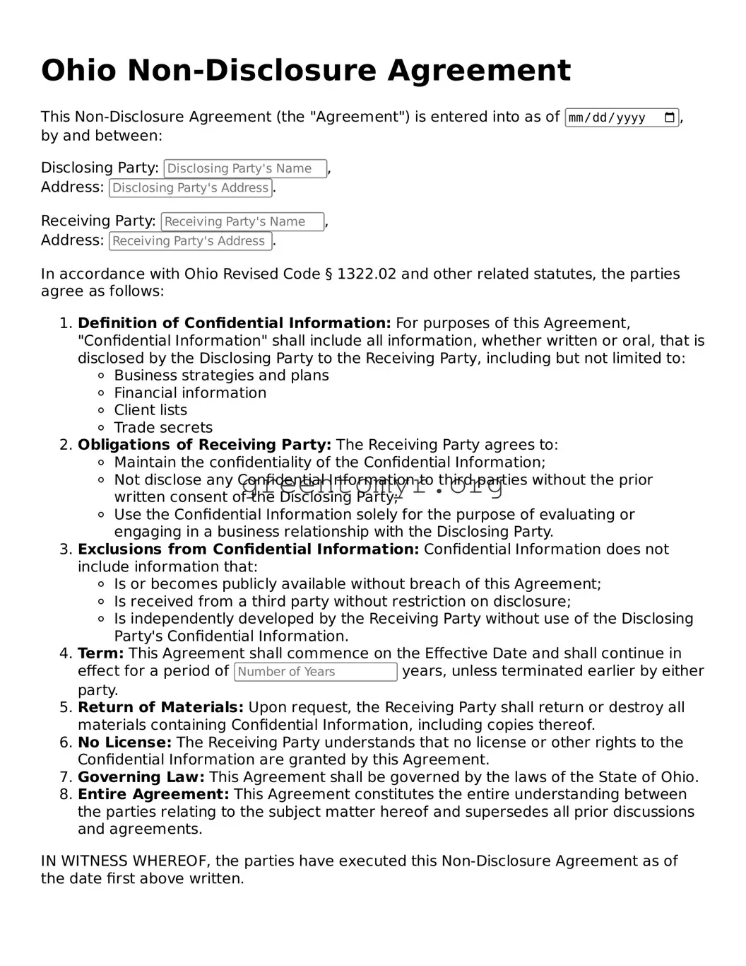 Non-disclosure Agreement Form for the State of Ohio