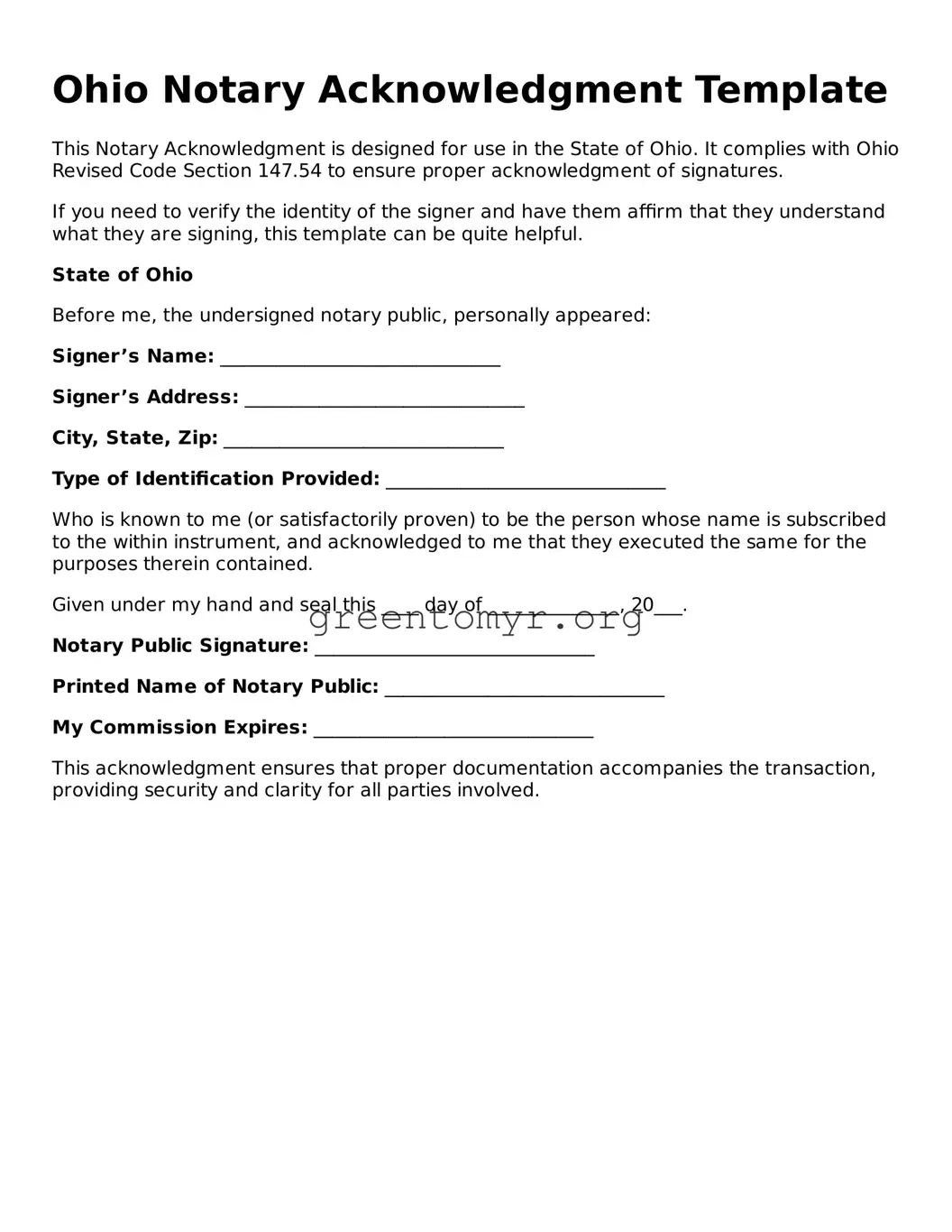 Notary Acknowledgement Form for the State of Ohio