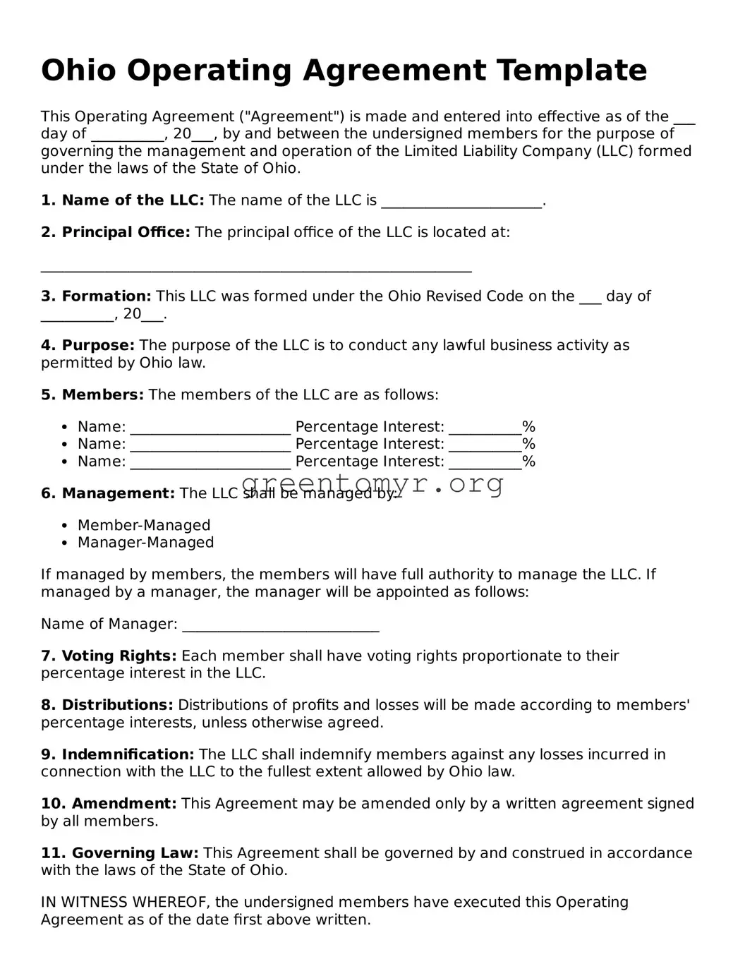 Operating Agreement Form for the State of Ohio