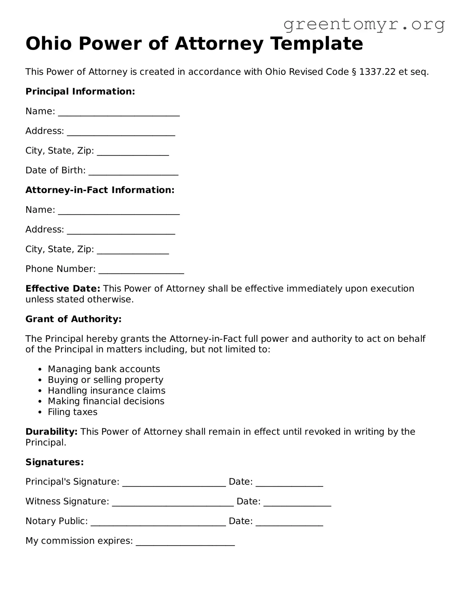 Power of Attorney Form for the State of Ohio
