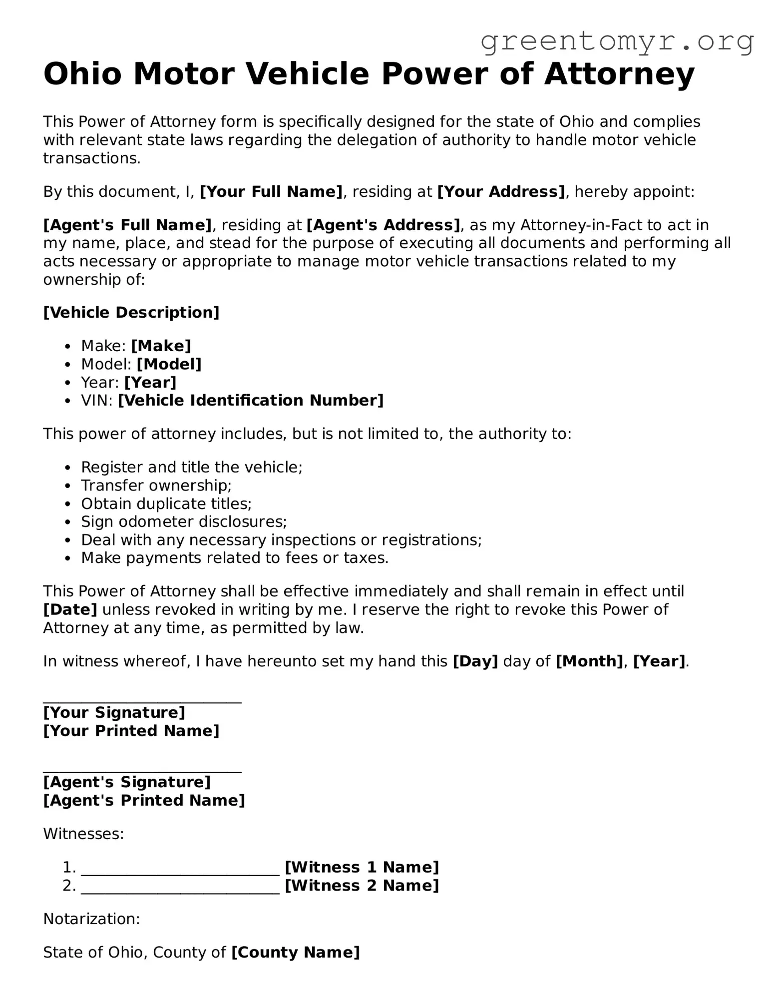 Motor Vehicle Power of Attorney Form for the State of Ohio
