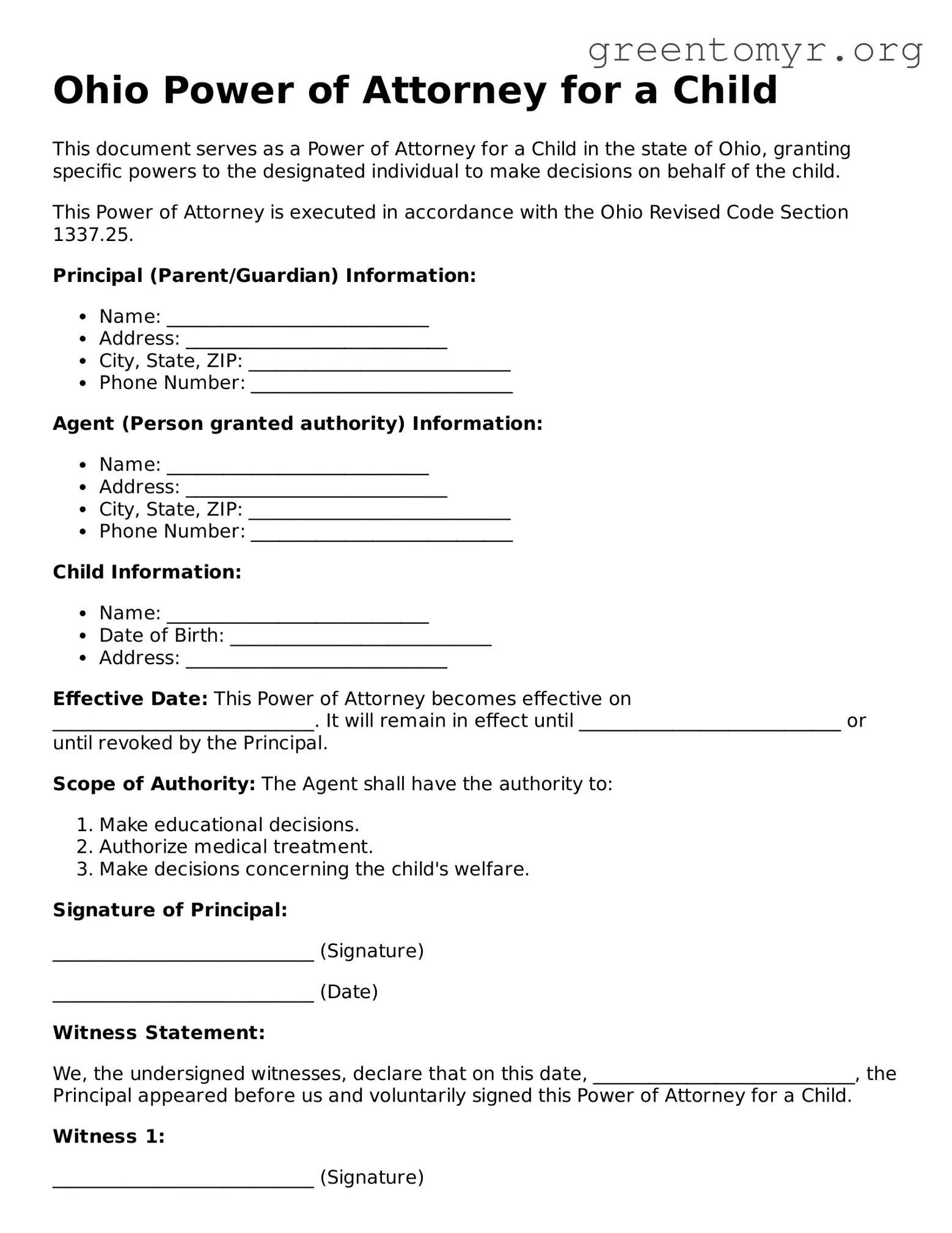 Power of Attorney for a Child Form for the State of Ohio