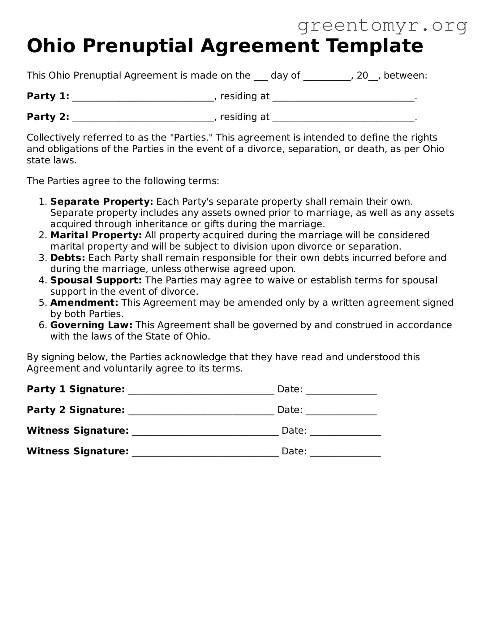 Prenuptial Agreement Form for the State of Ohio