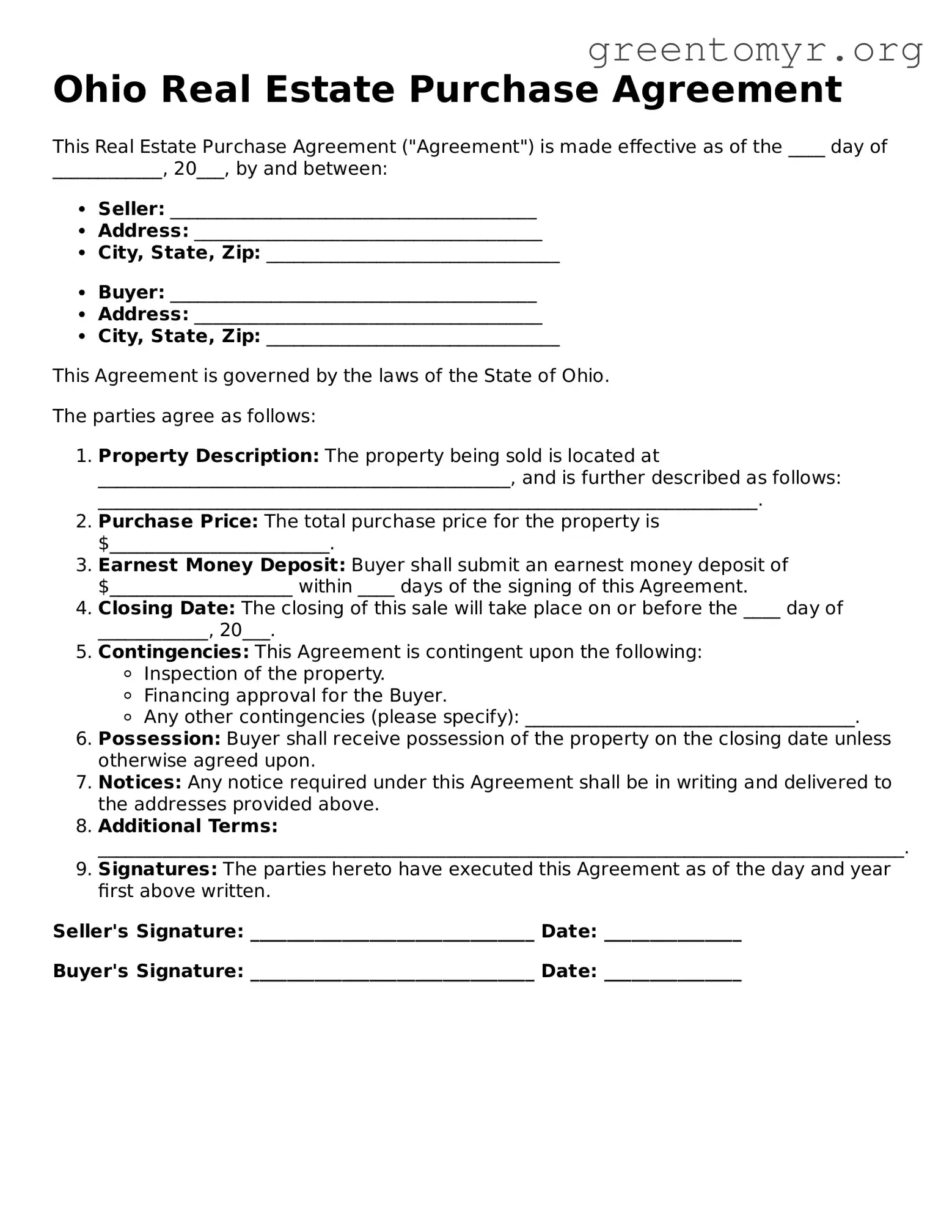 Real Estate Purchase Agreement Form for the State of Ohio