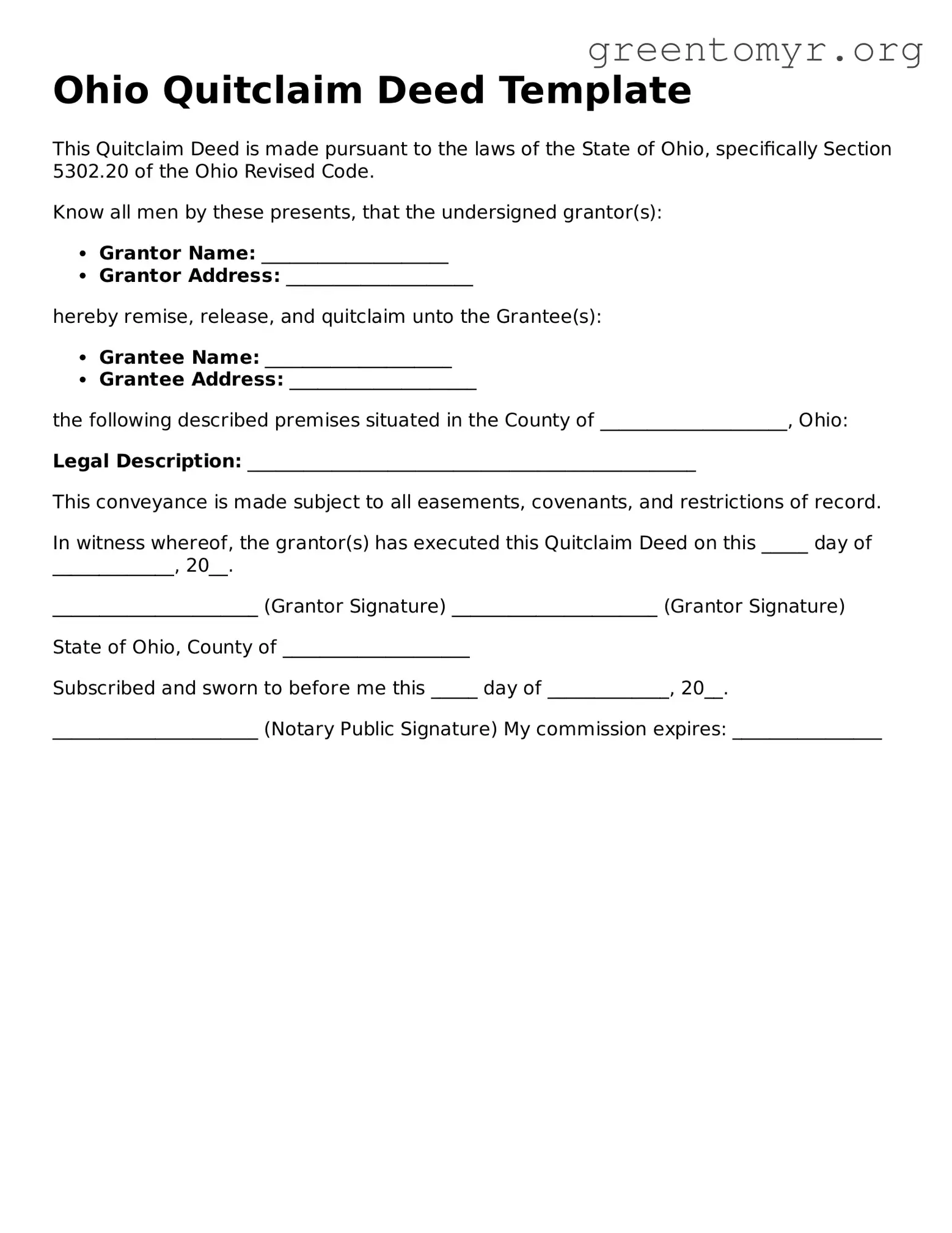 Quitclaim Deed Form for the State of Ohio