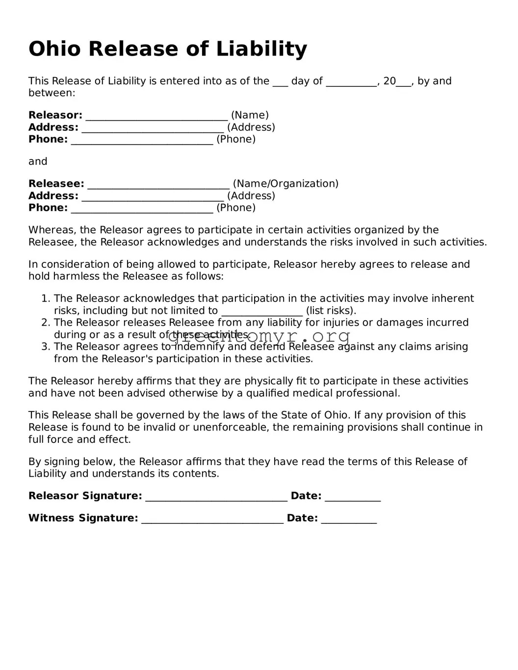 Release of Liability Form for the State of Ohio