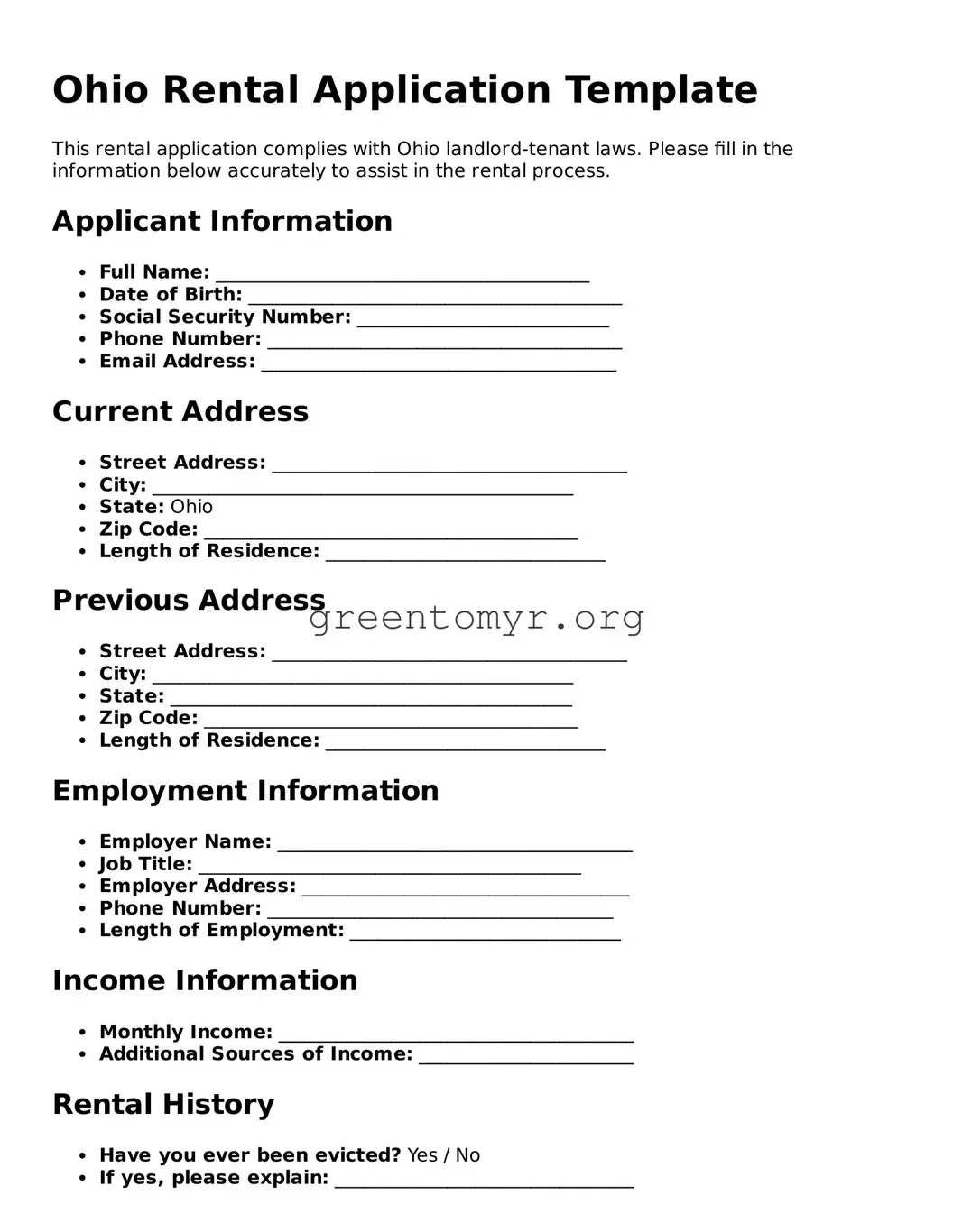 Rental Application Form for the State of Ohio