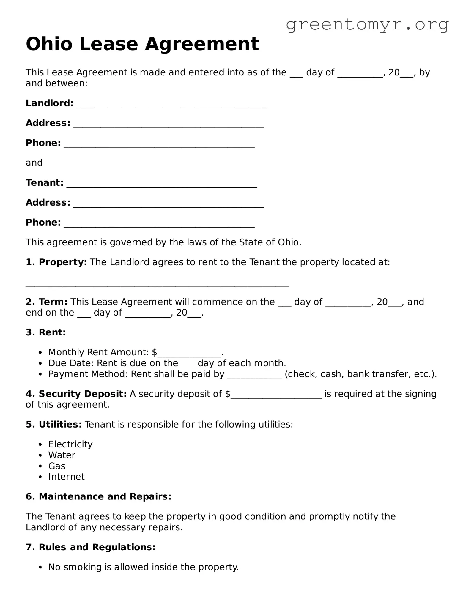 Lease Agreement Form for the State of Ohio