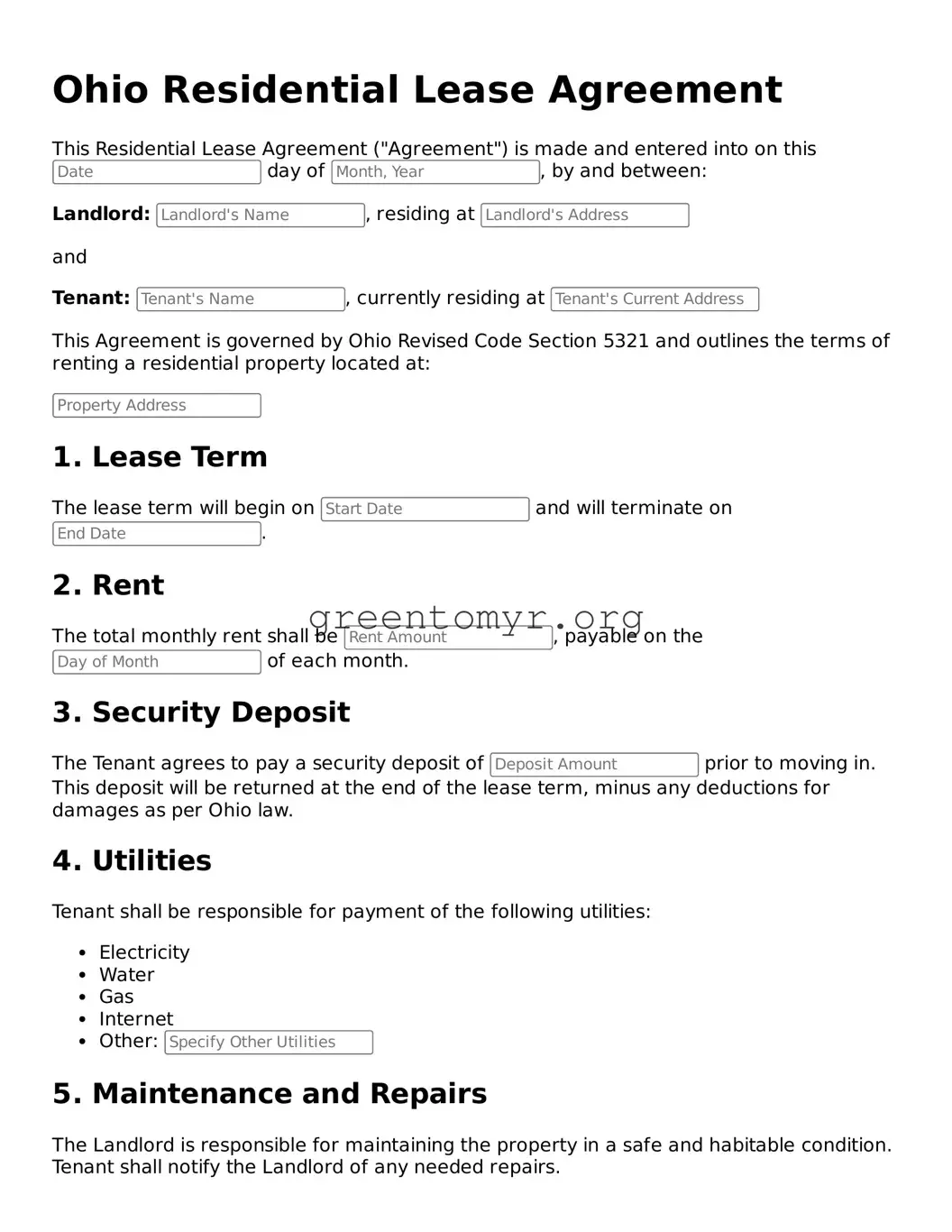 Residential Lease Agreement Form for the State of Ohio