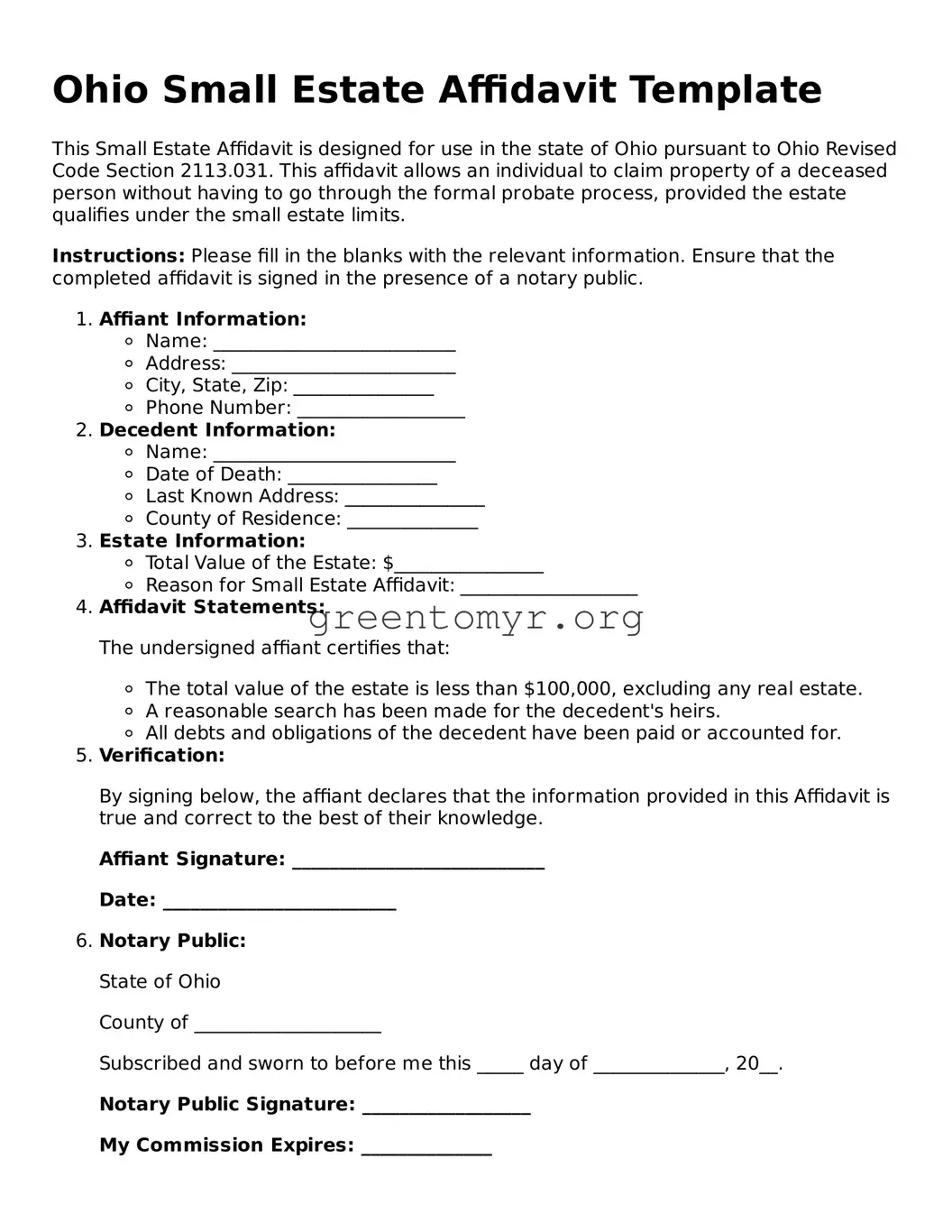Small Estate Affidavit Form for the State of Ohio