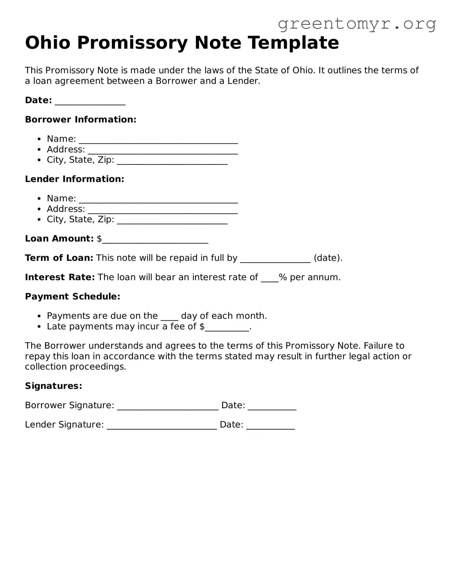 Promissory Note Form for the State of Ohio