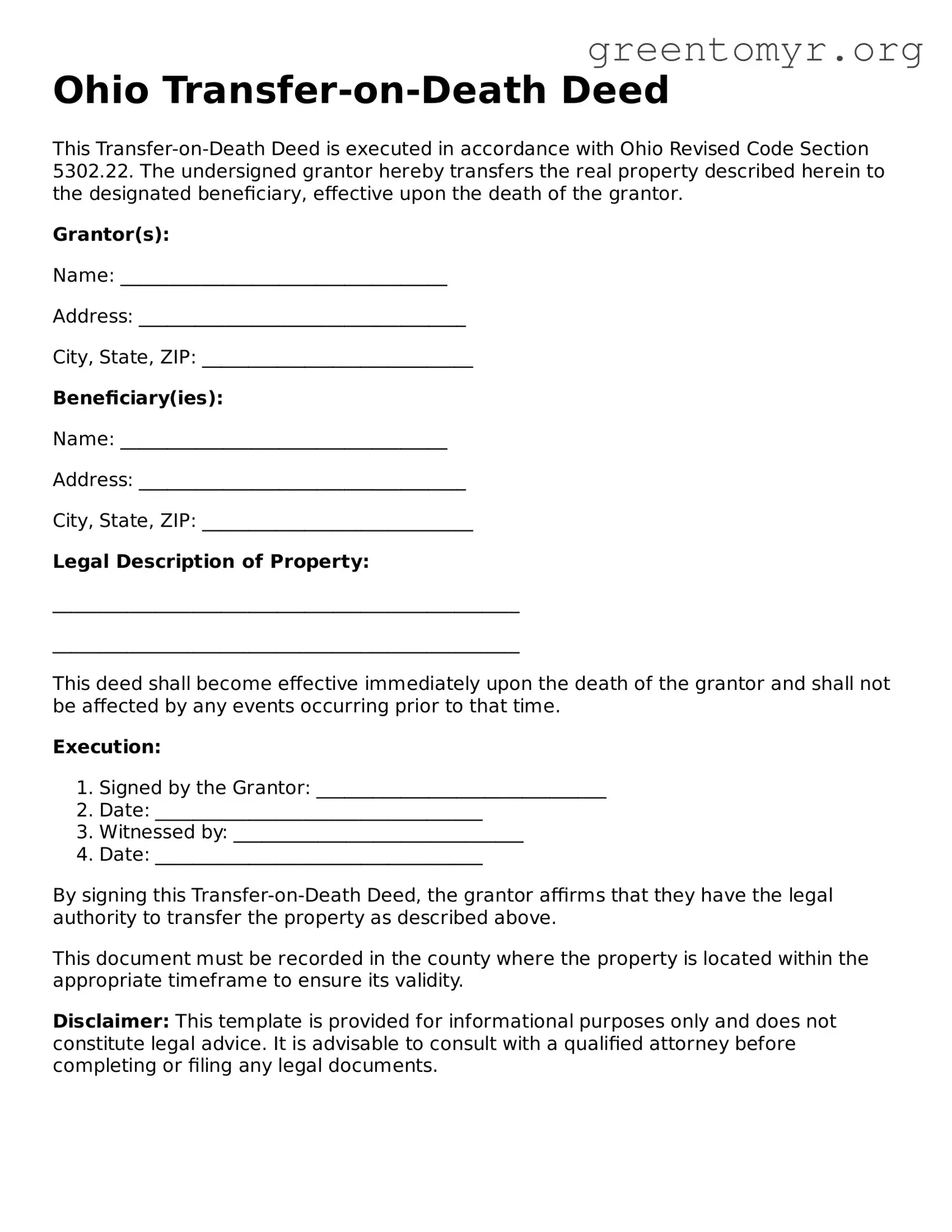 Transfer-on-Death Deed Form for the State of Ohio