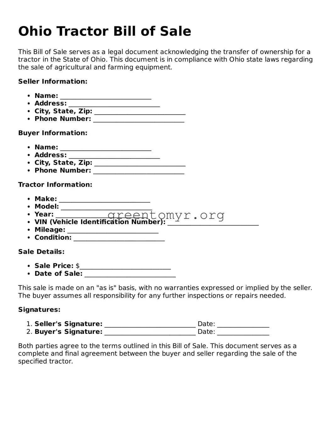 Tractor Bill of Sale Form for the State of Ohio