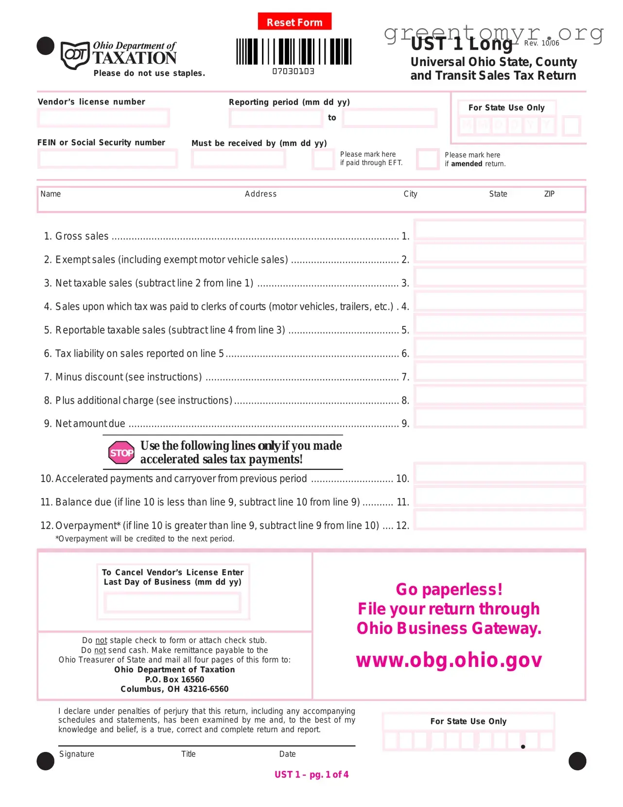 Fill in a Valid Ohio Sales Tax Ust 1 Template