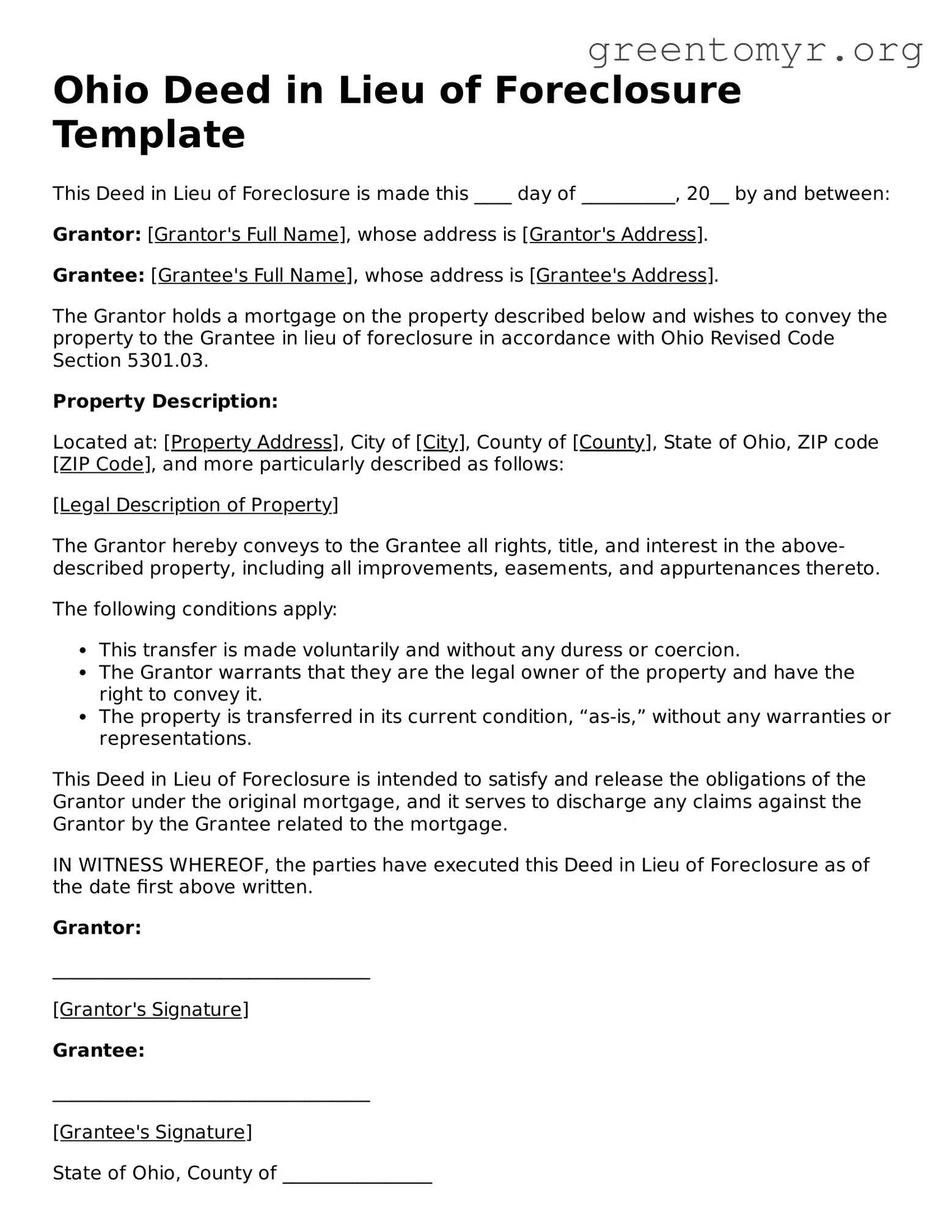 Deed in Lieu of Foreclosure Form for the State of Ohio