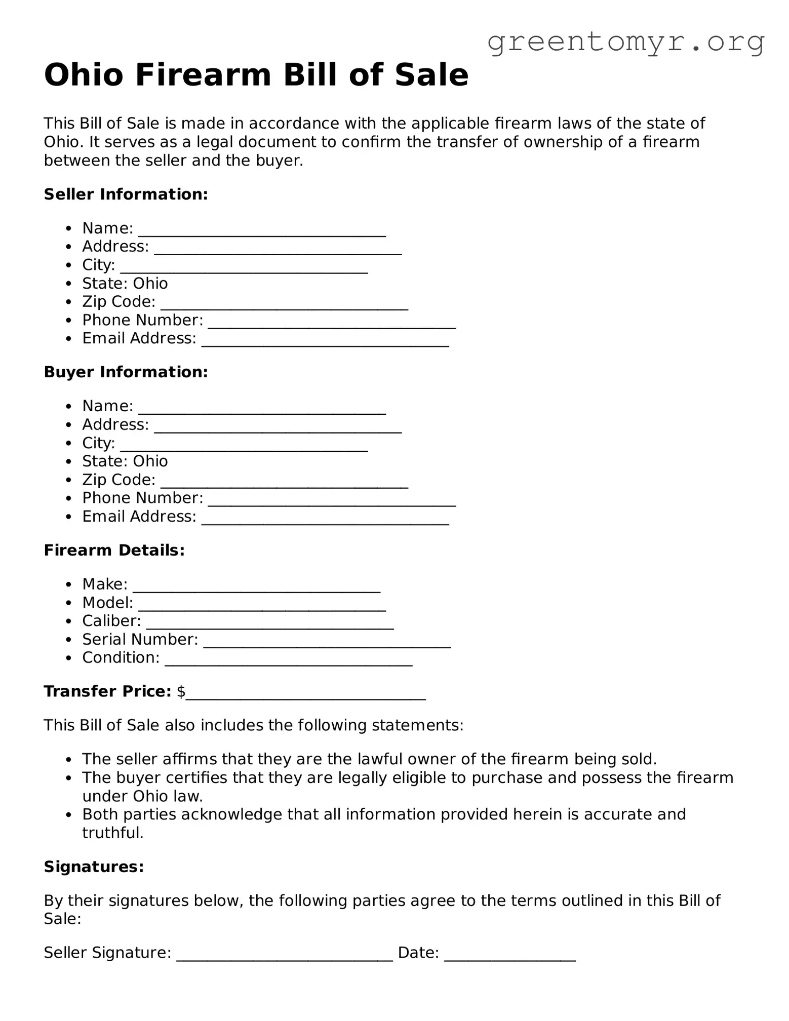 Firearm Bill of Sale Form for the State of Ohio