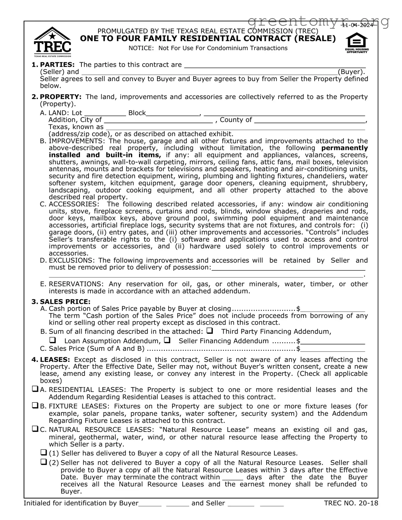 Fill in a Valid TREC One to four family residential contract Template