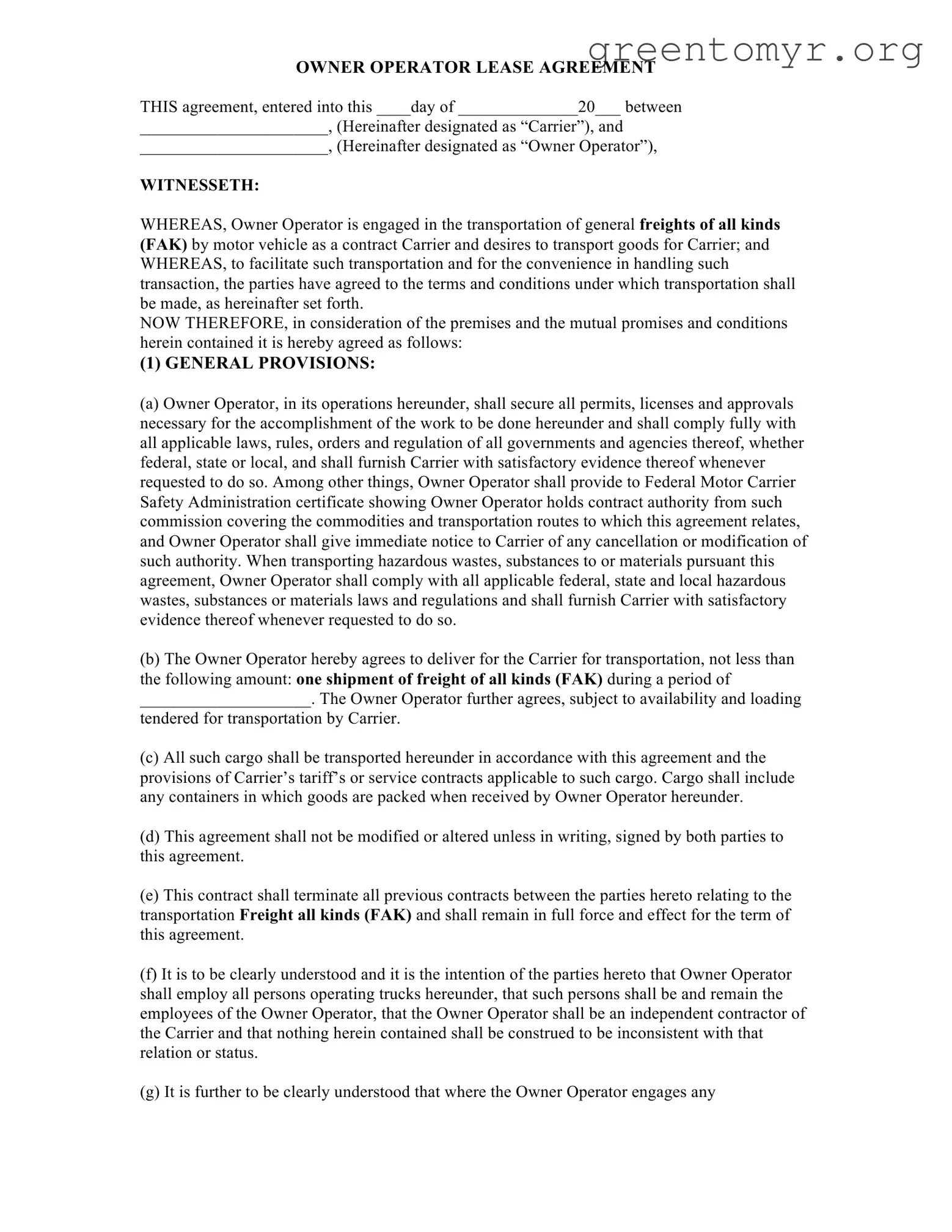 Fill in a Valid Owner Operator Lease Agreement Template