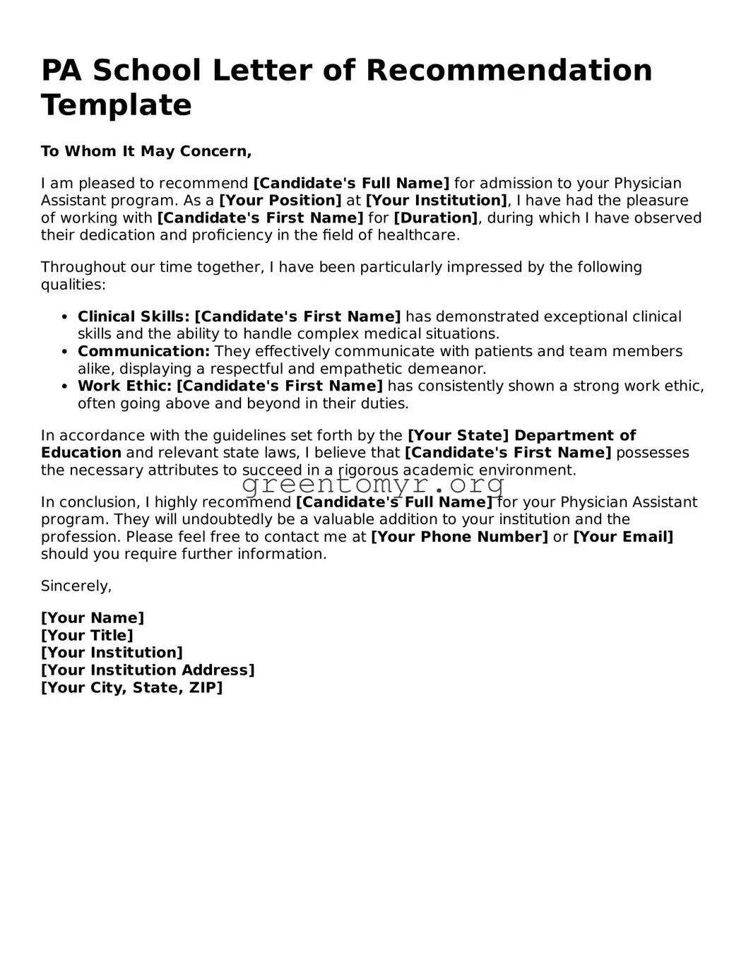 Valid PA School Letter of Recommendation Form