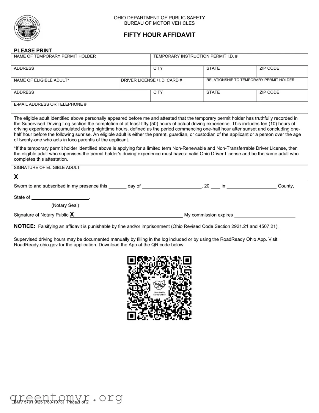 Fill in a Valid Driving Fifty Hour Affidavit Template