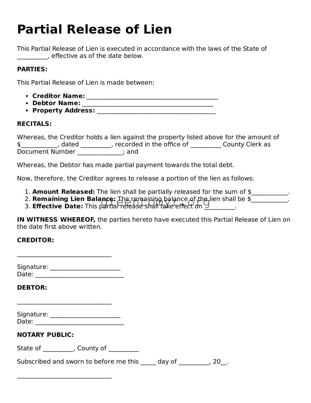 Valid Partial Release of Lien Form