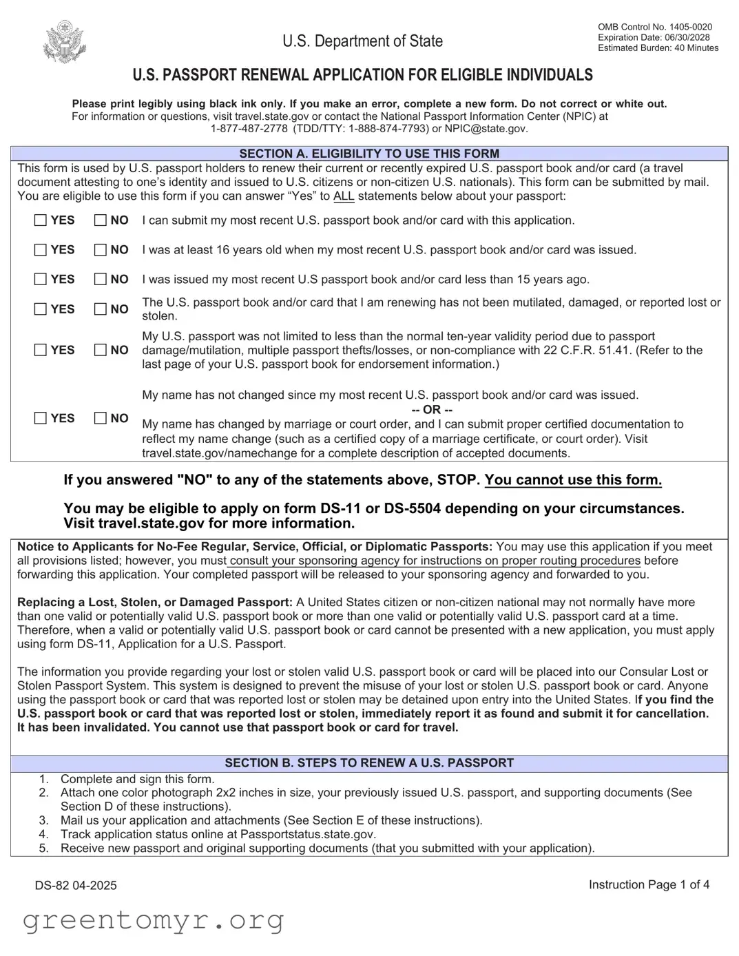 Fill in a Valid DS-82 01-2017 US Passport Renewal Application Template