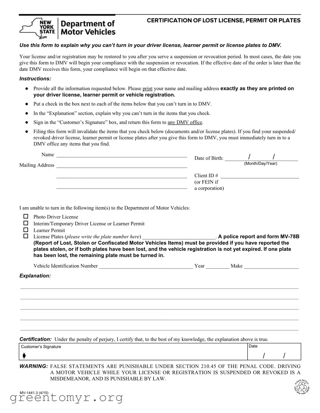 Fill in a Valid Mv 1441 3 Template