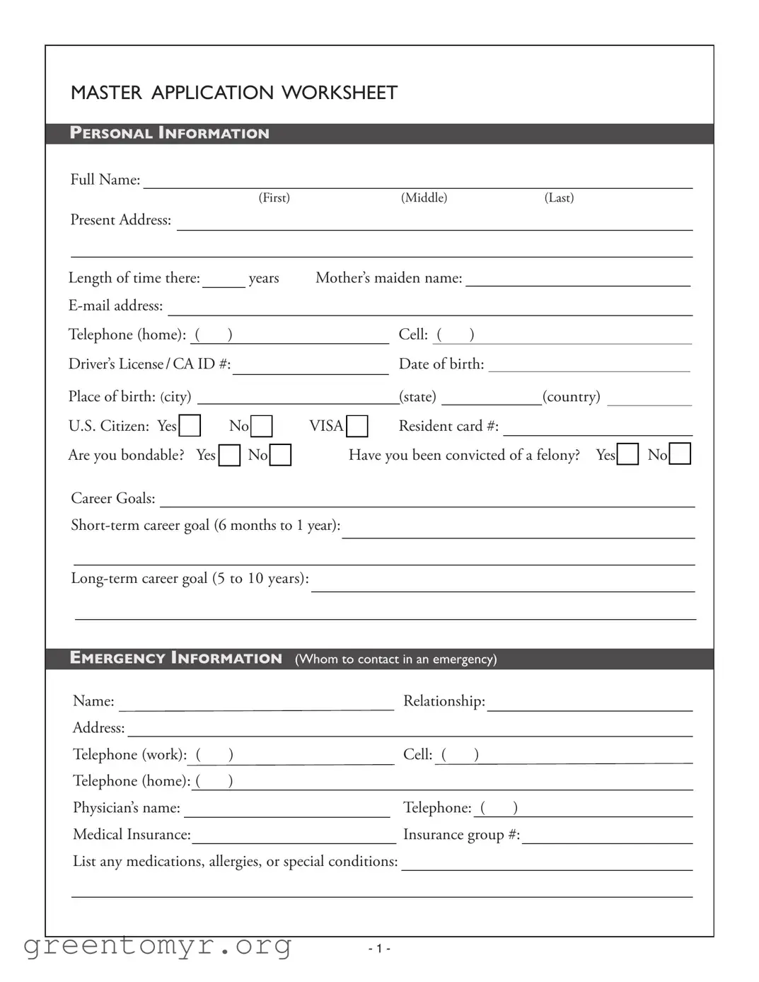 Fill in a Valid Master Application Worksheet Template