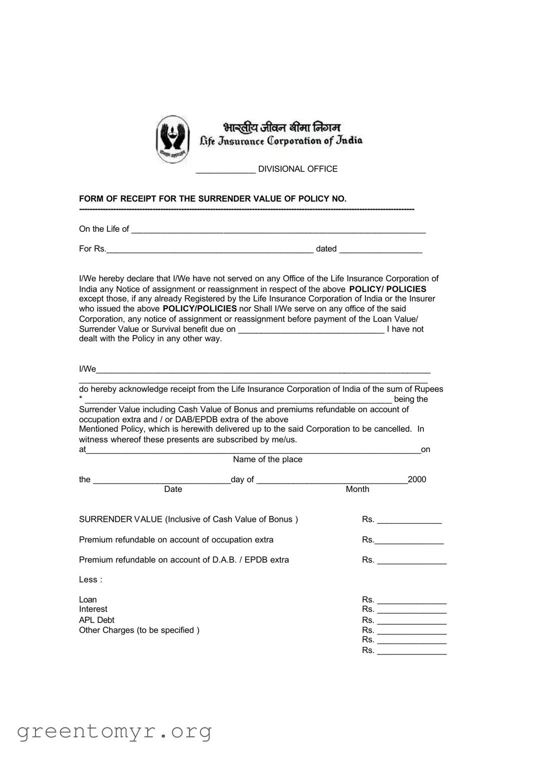 Fill in a Valid Lic Surrender Template