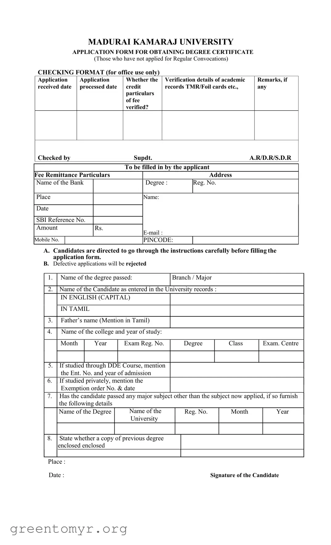 Fill in a Valid Madurai Kamaraj University Degree Template