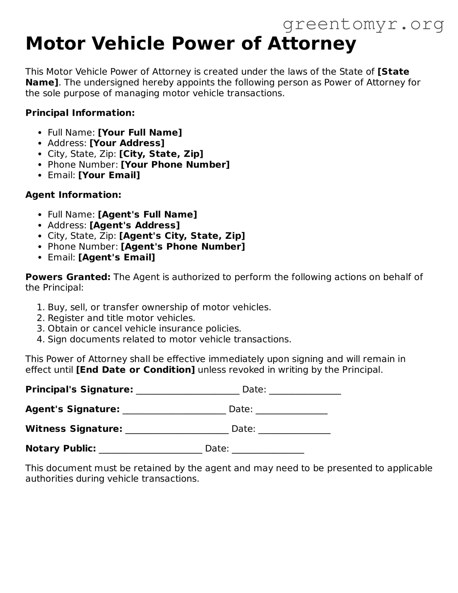 Valid Motor Vehicle Power of Attorney Form