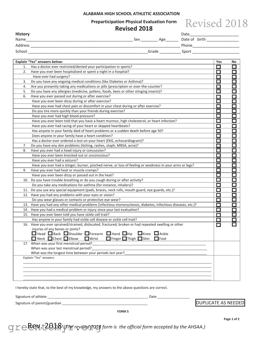 Fill in a Valid Alabama High School Physical Template