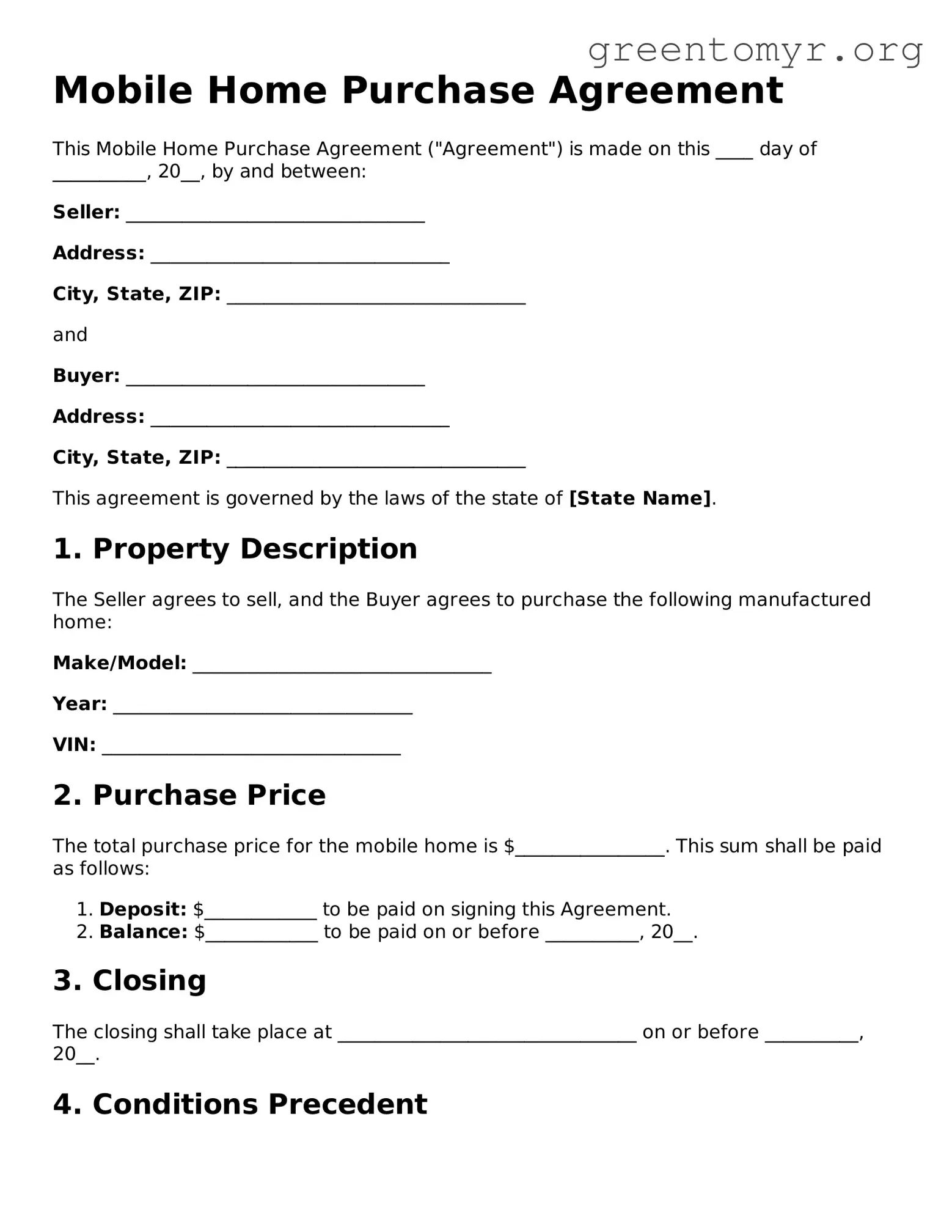 Valid Mobile Home Purchase Agreement Form
