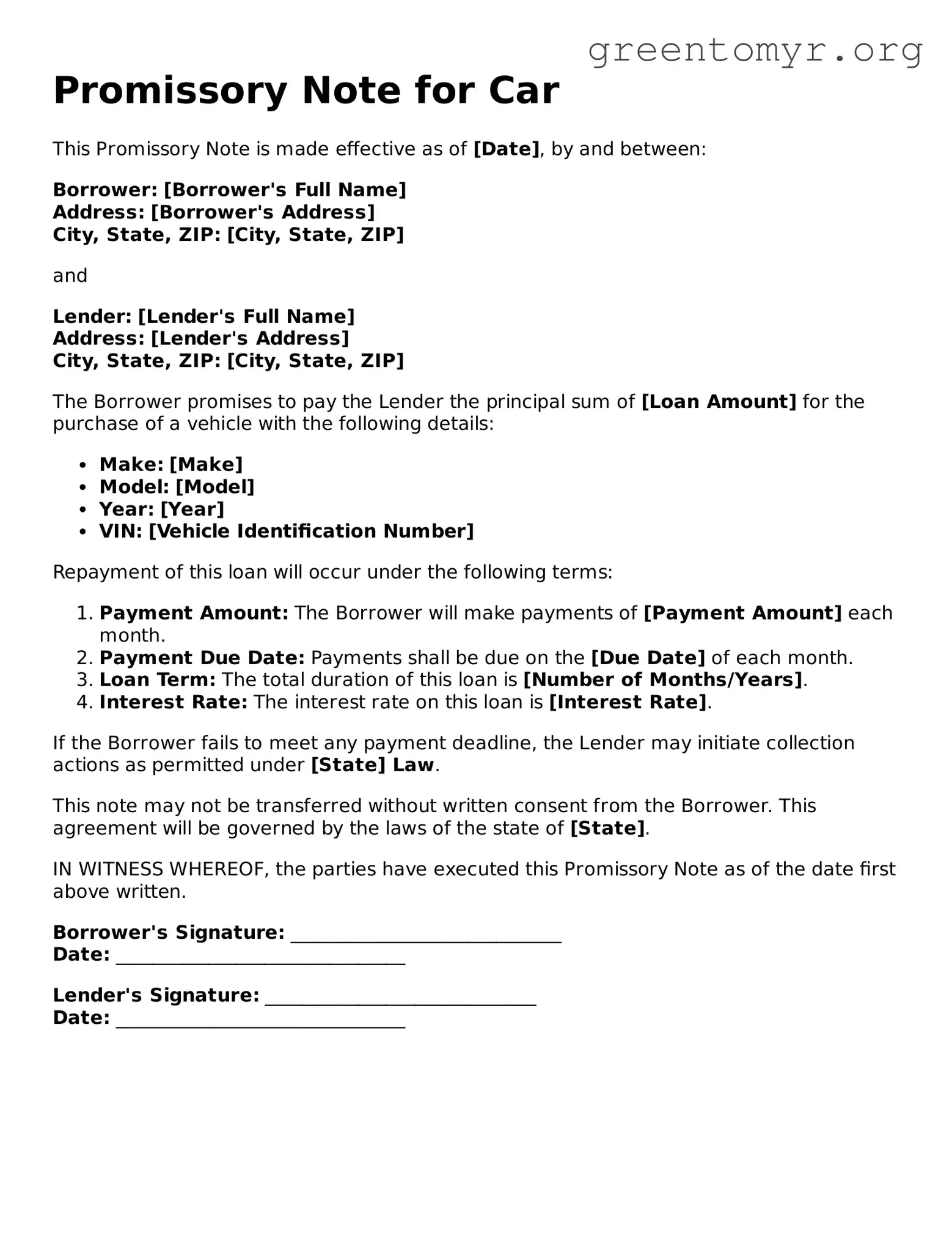 Valid Promissory Note for a Car Form
