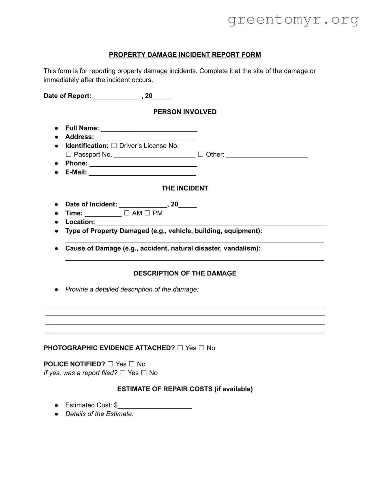 Fill in a Valid Property Damage Incident Report Template