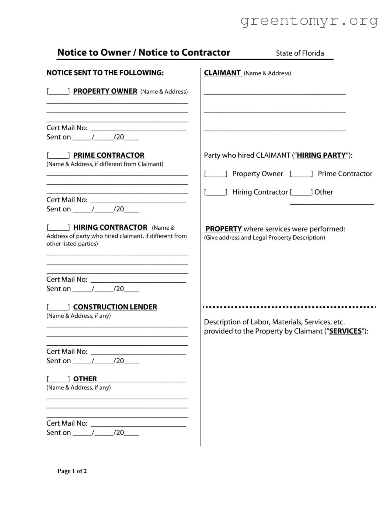 Fill in a Valid Notice Owner Florida Template