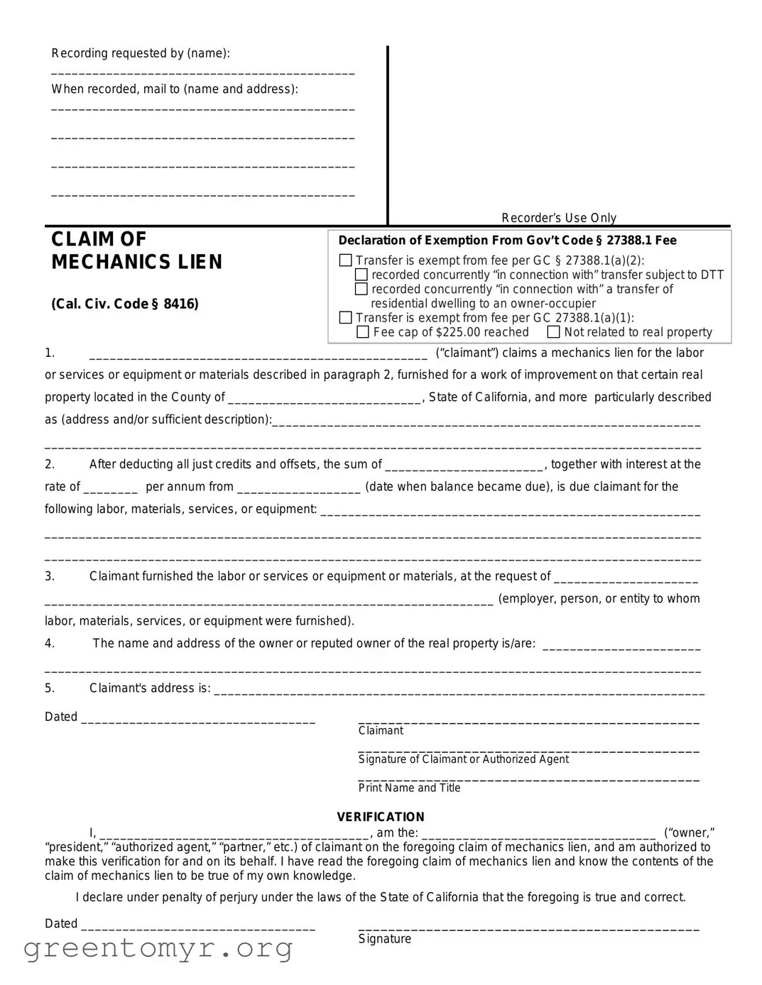 Fill in a Valid Mechanics Lien California Template