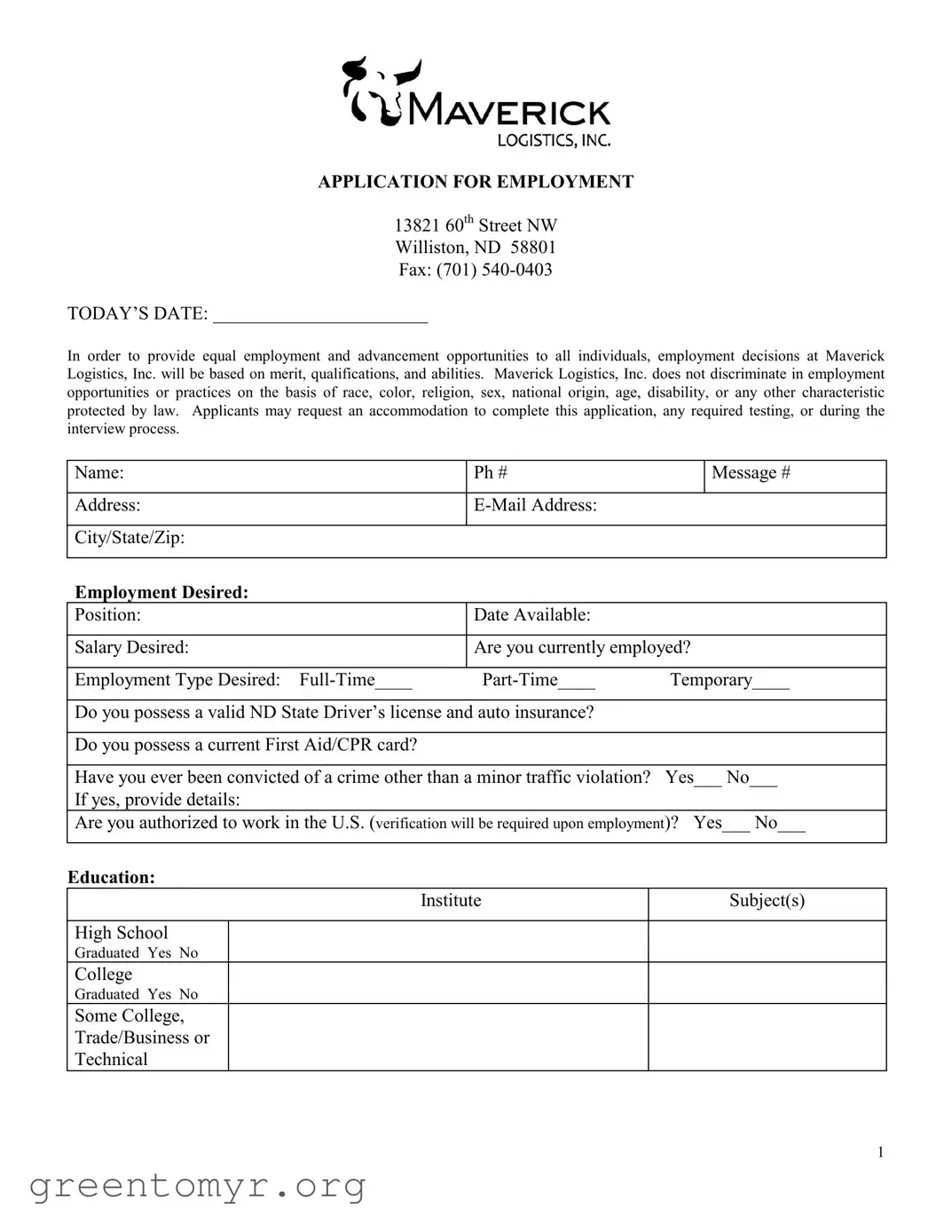 Fill in a Valid Maverick Employment Application Template