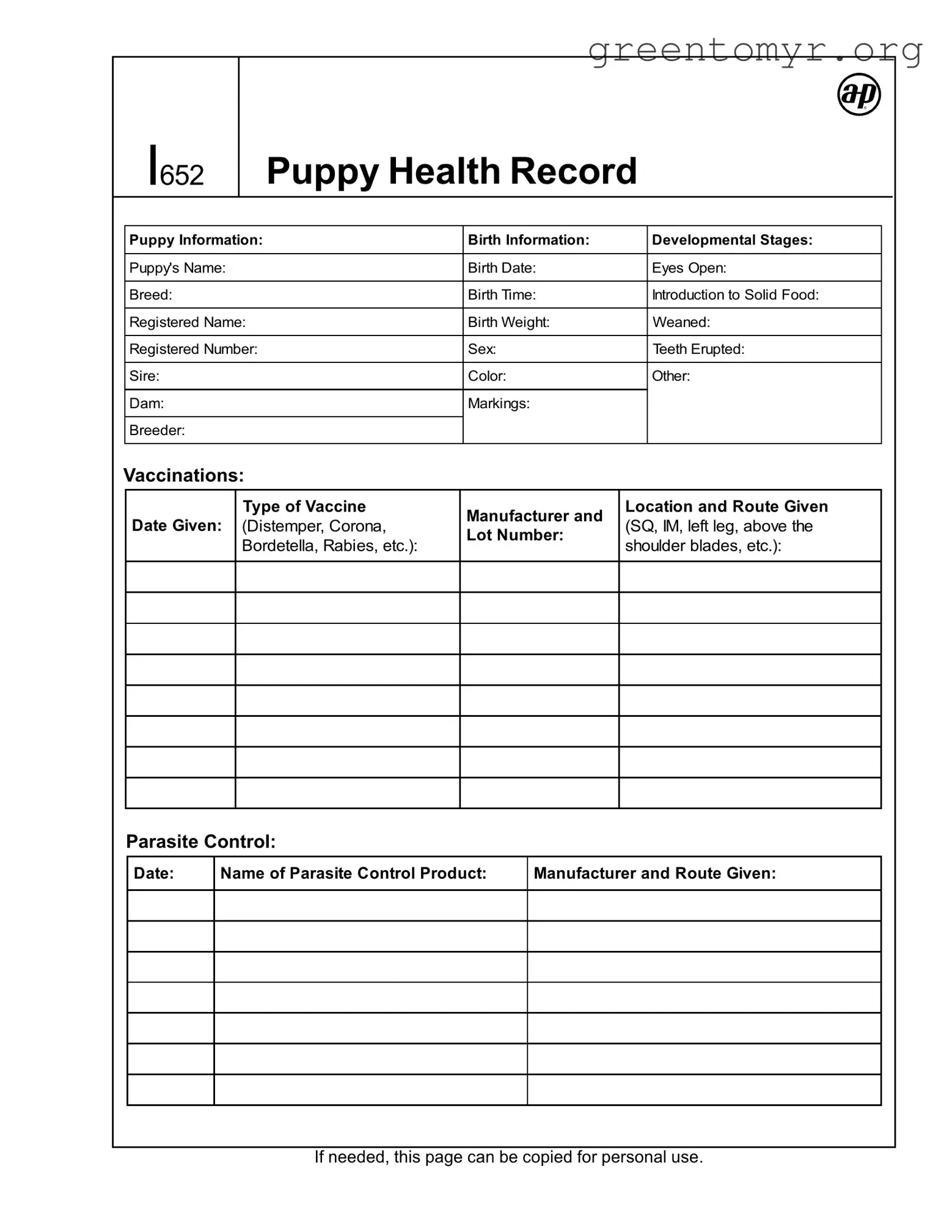 Fill in a Valid Puppy Health Record Template