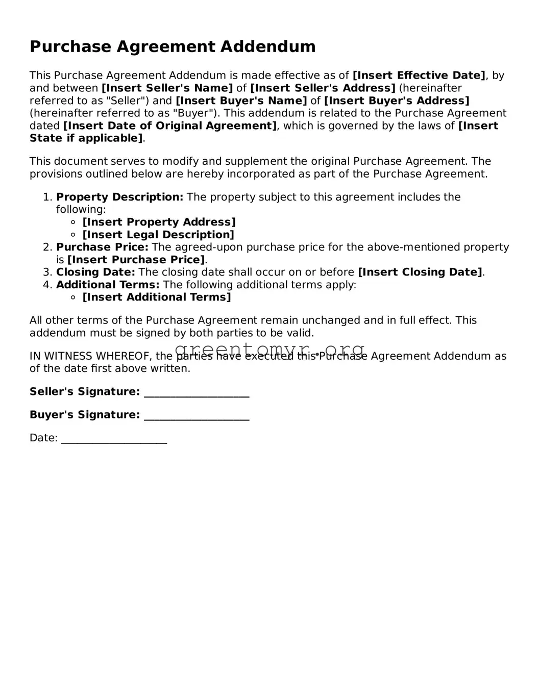 Valid Purchase Agreement Addendum Form