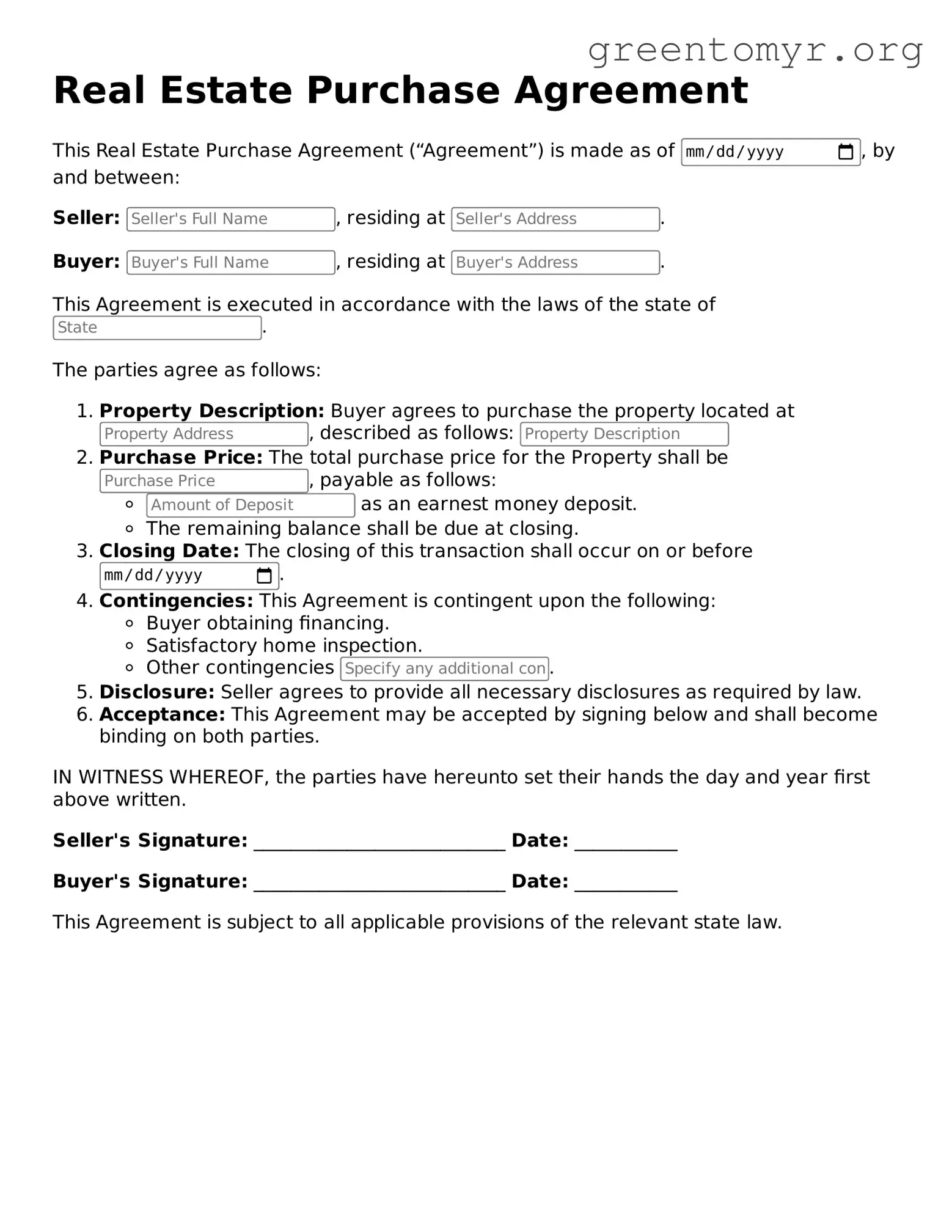 Valid Real Estate Purchase Agreement Form
