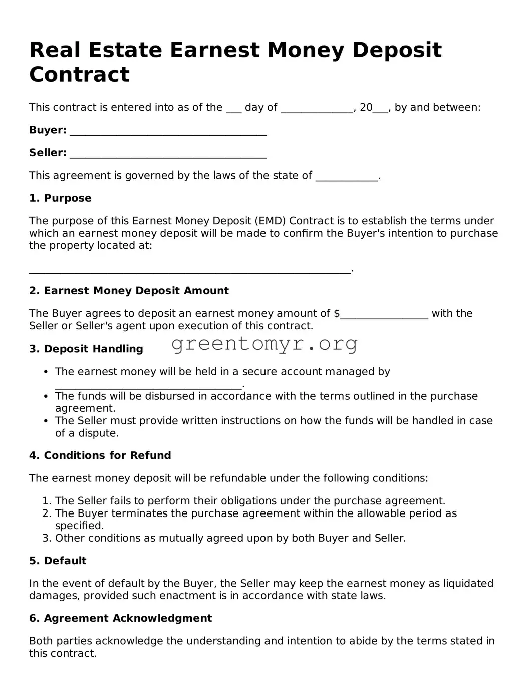 Valid Real Estate Earnest Money Deposit Contract Form