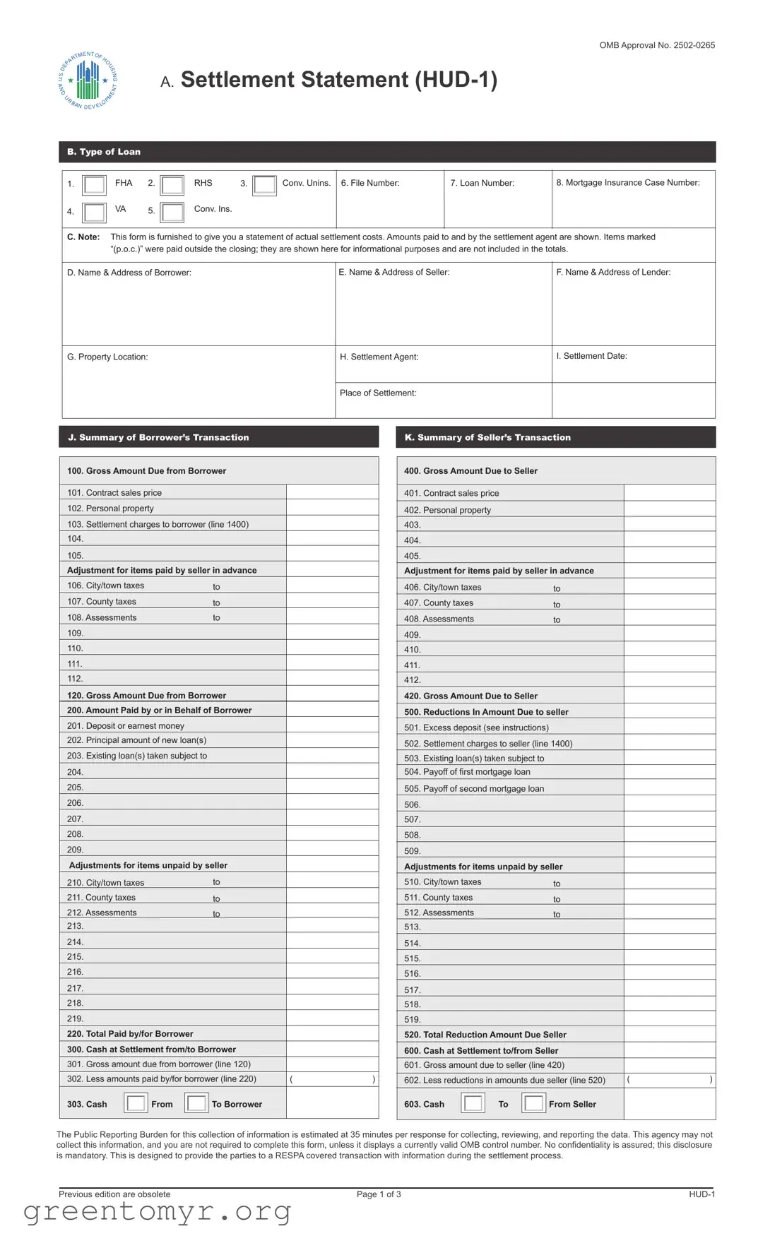 Fill in a Valid HUD-1 Settlement Statement Template