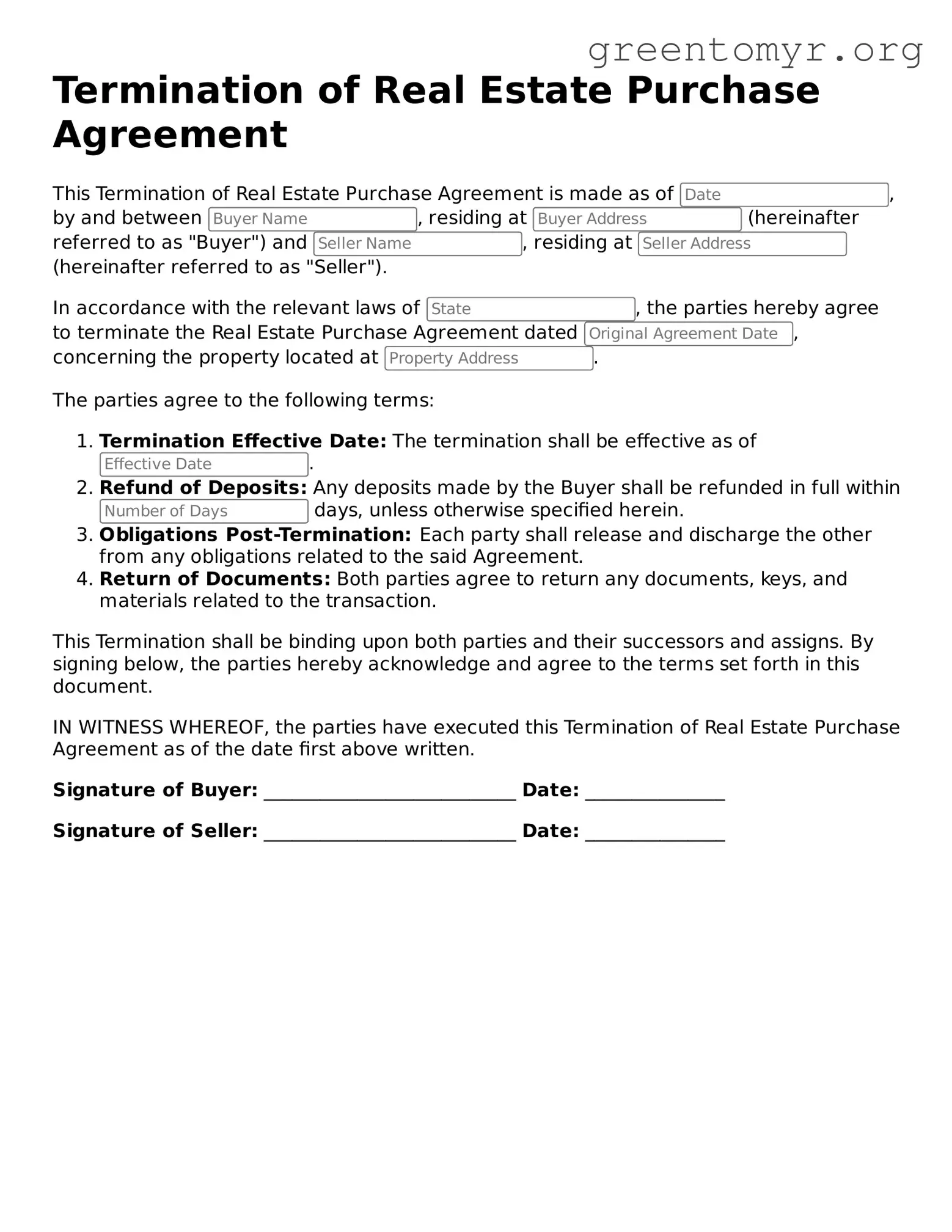 Valid Termination of Real Estate Purchase Agreement Form