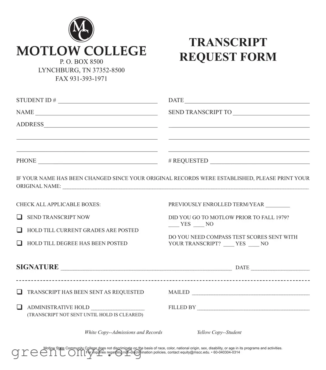 Fill in a Valid Motlow Transcript Request Template
