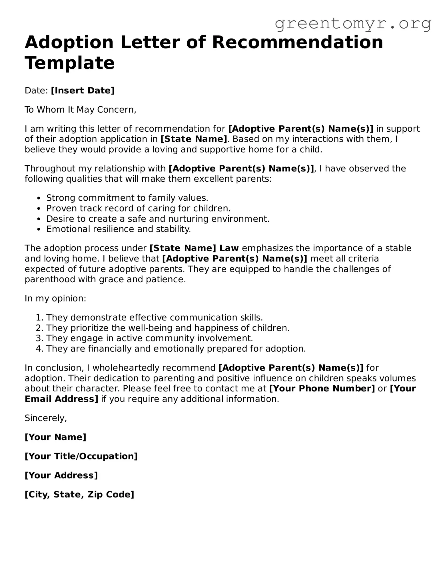 Valid Adoption Letter of Recommendation Form