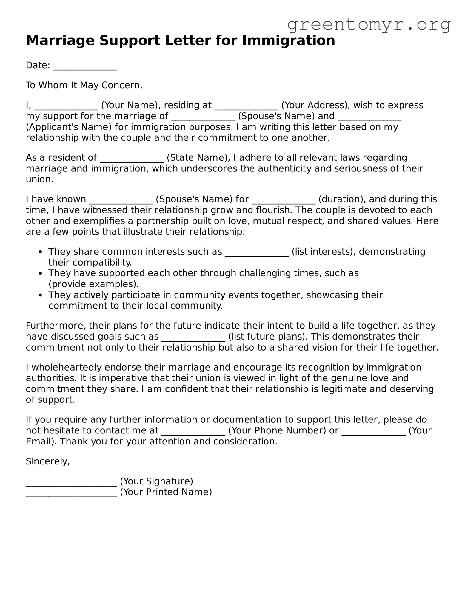 Valid Marriage Support Letter for Immigration Form