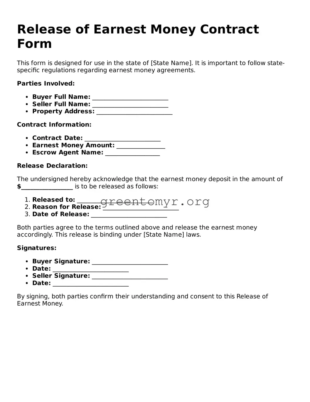 Valid Release of Earnest Money Contract Form Form