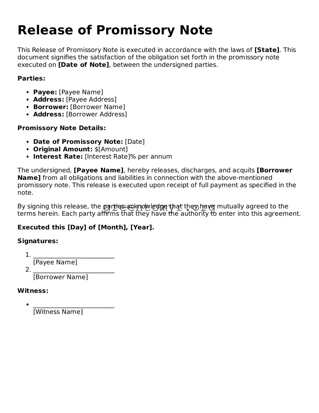 Valid Release of Promissory Note Form